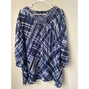 Maggie Barnes Womens 1X  Blue Purple Plaid Beaded V Neck Tunic Top Boho Indie